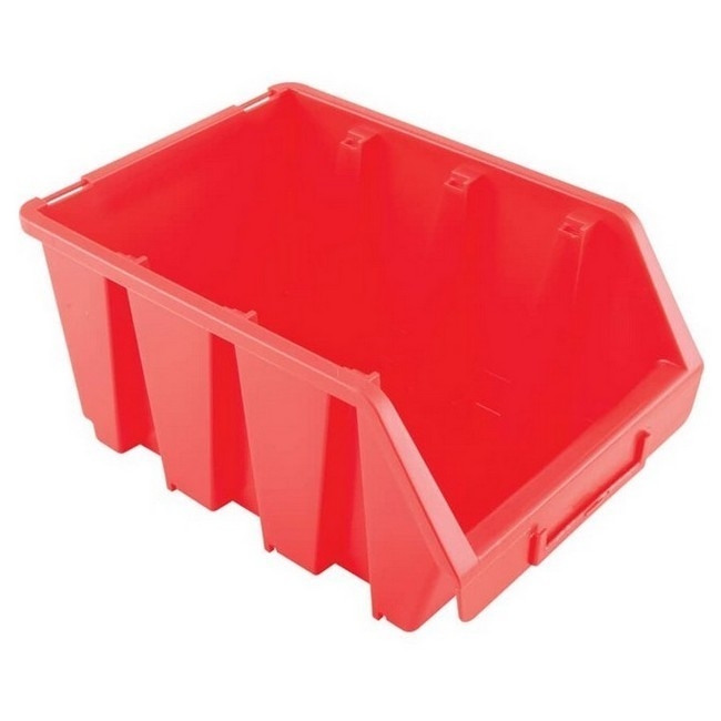 Supplywise wall-mountable stackable plastic storage bins similar to the Cashbuild red wall-mountable, stackable plastic storage bin with label slot.