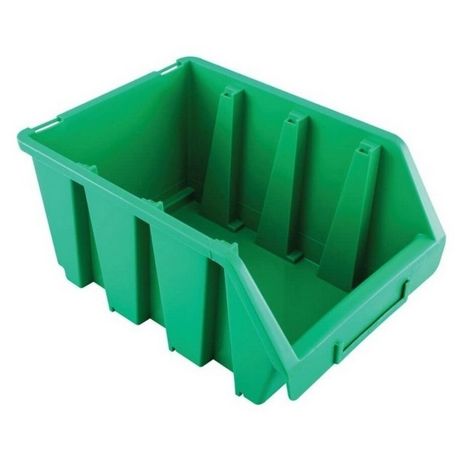 Supplywise wall-mountable stackable plastic storage bins for warehouse organisation similar to the Sa Ladder green wall-mountable stackable plastic storage bin with label slot.