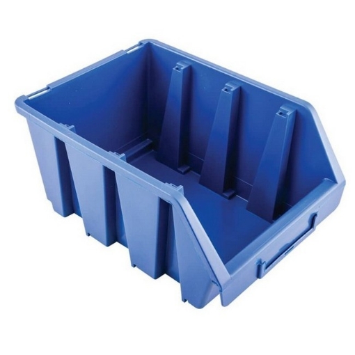 Supplywise wall-mountable stackable storage bins similar to the Trojan Trolley blue wall-mountable stackable plastic storage bin with label.