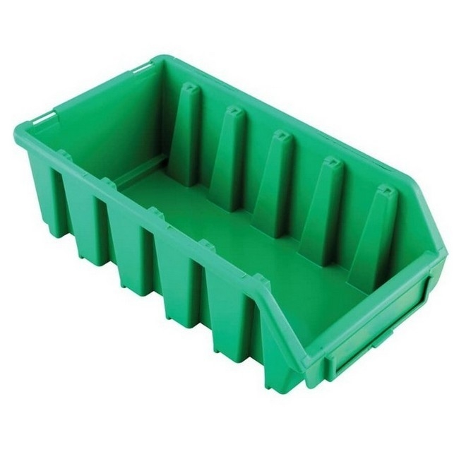 Supplywise industrial wall-mountable stackable plastic storage bins similar to the Buco green wall-mountable stackable plastic storage bin with label slot