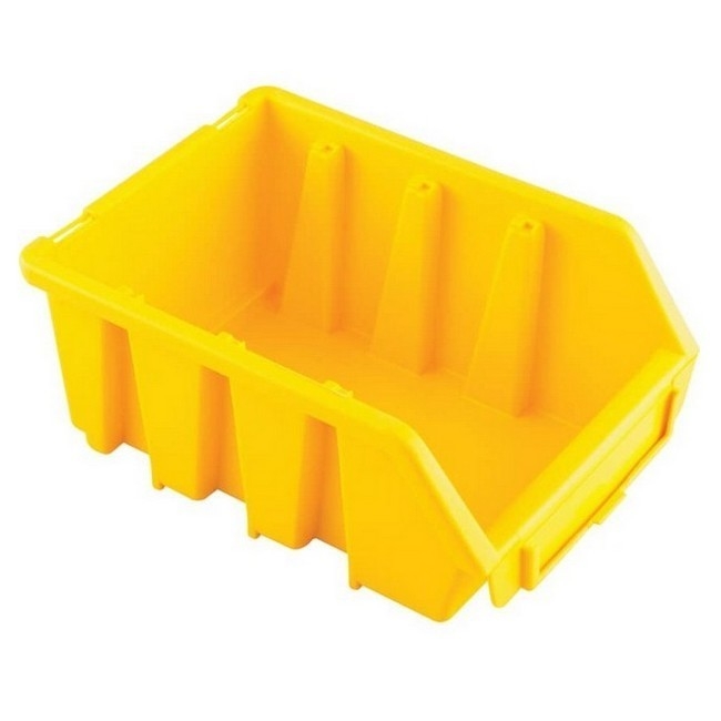 Supplywise wall-mountable stackable storage bins similar to the Makro yellow wall-mountable, stackable plastic storage bin with label slot.