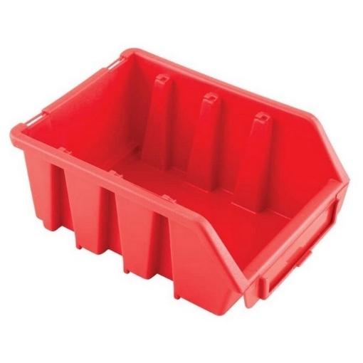 Supplywise wall-mounted stackable storage bins similar to the Builders Warehouse red wall-mountable stackable plastic storage bin with label slot.