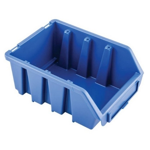 Supplywise wall-mountable stackable plastic storage bins for warehouse organisation similar to the Leroy Merlin blue wall-mountable stackable plastic storage bin with label slot