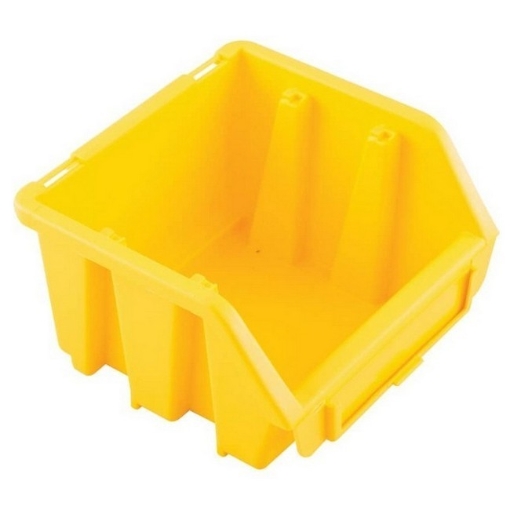 Supplywise stackable plastic storage bins for warehouse similar to the Mica yellow plastic stackable wall-mount storage bin with label slot.