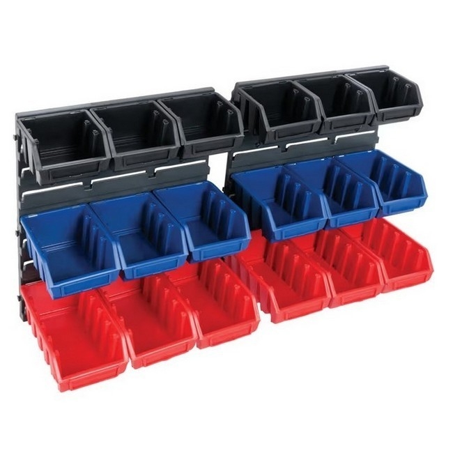 Supplywise wall-mounted louvre panel storage system similar to the Makro wall-mounted 20-piece plastic louvre panel bin storage set.