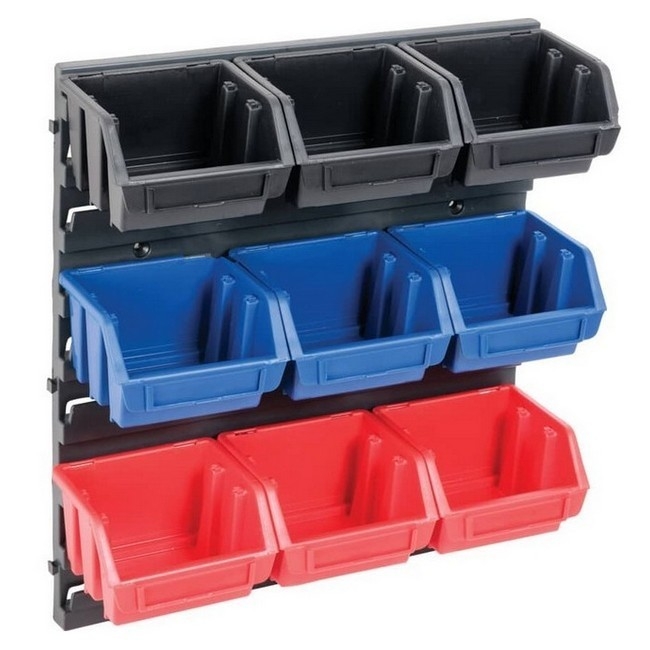 Supplywise wall-mounted louvre panel bin rack similar to the Castor And Ladder wall-mounted 10-piece louvre panel bin rack with coloured bins