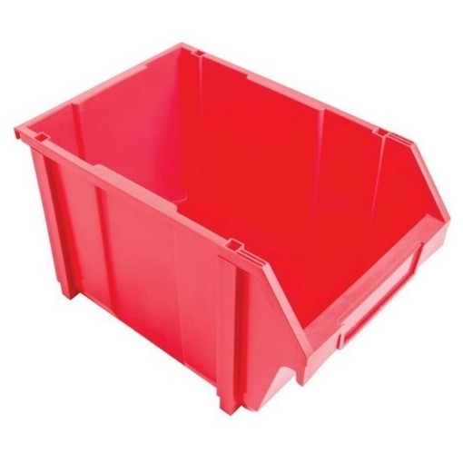 Supplywise industrial stackable louvre panel storage bin similar to the Linvar red interlocking plastic stackable louvre-panel storage bin.