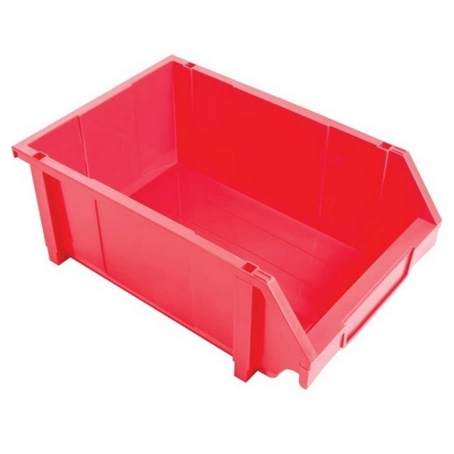 Supplywise stackable louvre panel storage bins similar to the Cashbuild red interlocking plastic louvre-panel storage bin, 280×425×184 mm