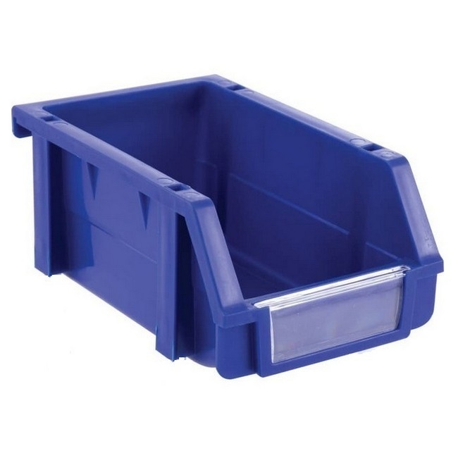 Supplywise louvre panel storage bins similar to the Mica blue interlocking plastic louvre panel storage bin, 100×160×74mm.