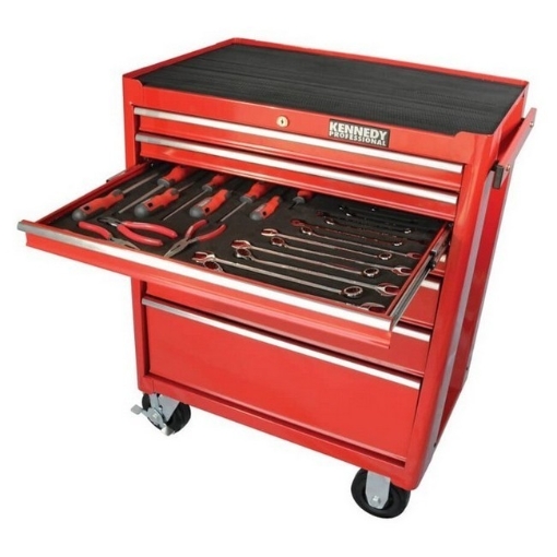 Supplywise heavy-duty 7-drawer roller tool cabinet similar to the Leroy Merlin red 7-drawer steel roller cabinet with 25-piece tool kit