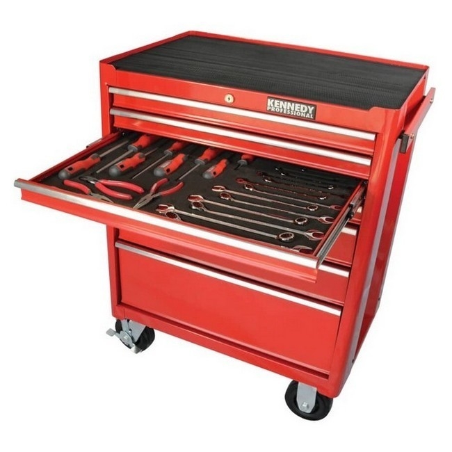 Supplywise heavy-duty 7-drawer roller tool cabinet similar to the Leroy Merlin red 7-drawer steel roller cabinet with 25-piece tool kit
