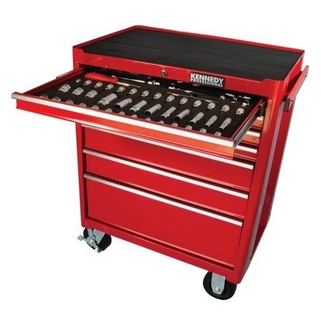 Supplywise 50-piece roller tool cabinet for workshops similar to the Builders Warehouse red steel 50-piece roller tool cabinet with castors and locks.