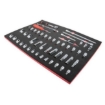 Supplywise Metric 3/8 inch ratchet and socket set with foam inlay similar to the Sa Ladder 50-piece 3/8" metric socket set in red foam drawer inlay.