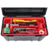 Supply Wise 22-piece plumbers tool kit with toolbox similar to the Cashbuild a 22-piece plumbers kit in a black and red toolbox.
