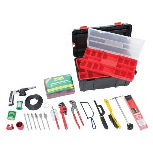 Supplywise 22-piece plumbers tool kit with toolbox similar to the Cashbuild a 22-piece plumbers kit in a black and red toolbox.