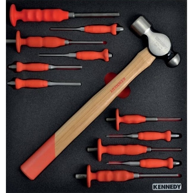 Supplywise engineer punch and hammer set with foam inlay similar to the Chamberlains 12-piece punch and hammer set in red/black foam inlay.