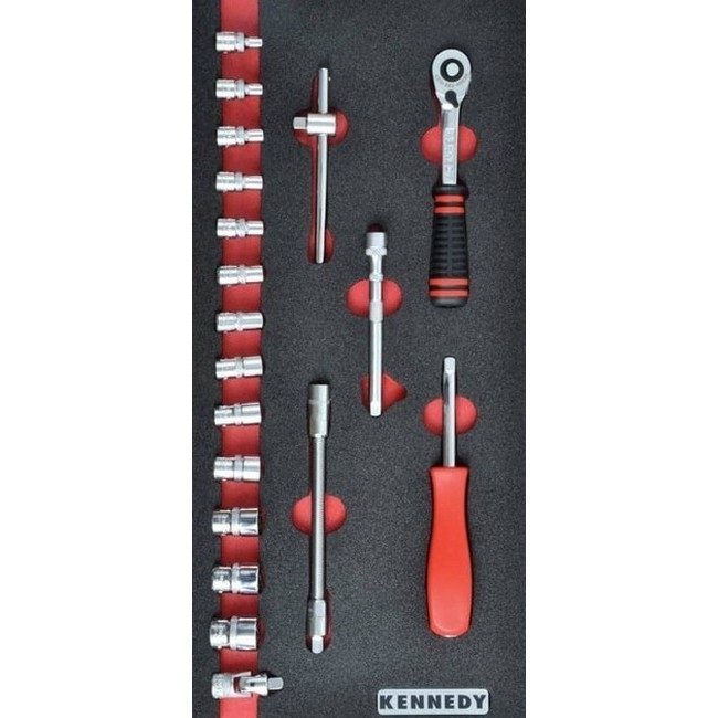 Supplywise 1/4 inch square drive 19-piece metric socket set similar to the Builders Warehouse chrome 19-piece 1/4 inch metric socket set with red foam inlay.