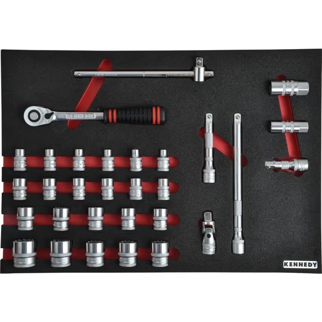 Supplywise 30-piece 1/2-inch metric socket set with foam inlay similar to the Chamberlains 30-piece 1/2-inch metric socket set in red foam inlay.