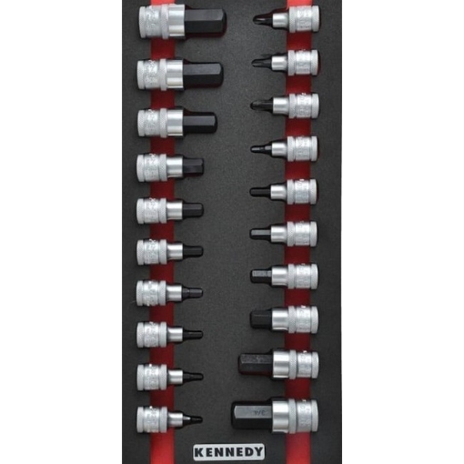 Supplywise 20-piece engineers screwdriver bit socket set with foam inlay similar to the Cashbuild 20-piece chrome vanadium bit socket set with red foam inlay.