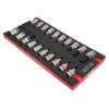 Supply Wise 20 piece screwdriver bit socket set with foam inlay for tool cabinets similar to the Chamberlains 20-piece chrome vanadium bit and socket set in red/black foam inlay.