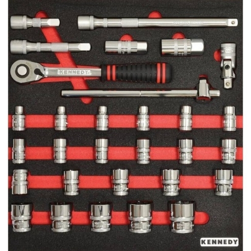 Supplywise 1/2in square drive metric socket set with foam inlay similar to the Mica 30-piece metric 1/2in socket set in red foam inlay, black case.