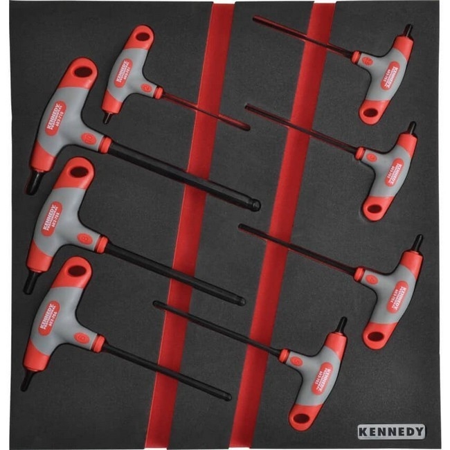 Supplywise 8 piece metric hex driver set with foam inlay similar to the Castor And Ladder 8-piece metric t-handle hex driver set in red and black foam inlay.