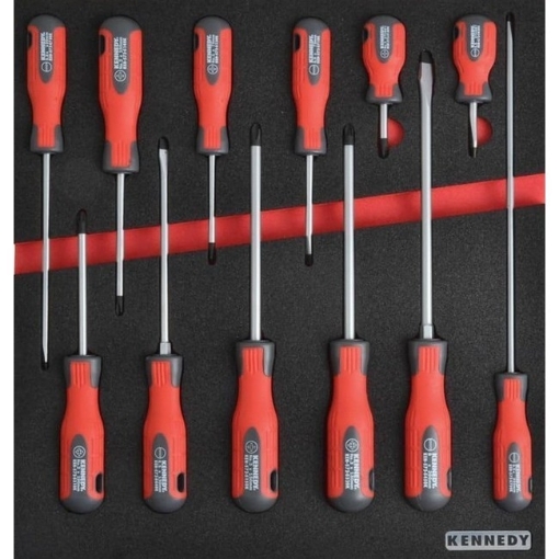 Supplywise professional 12-piece screwdriver set with foam inlay for tool chests similar to the Linvar 12-piece screwdriver set with red foam inlay and ergonomic handles.