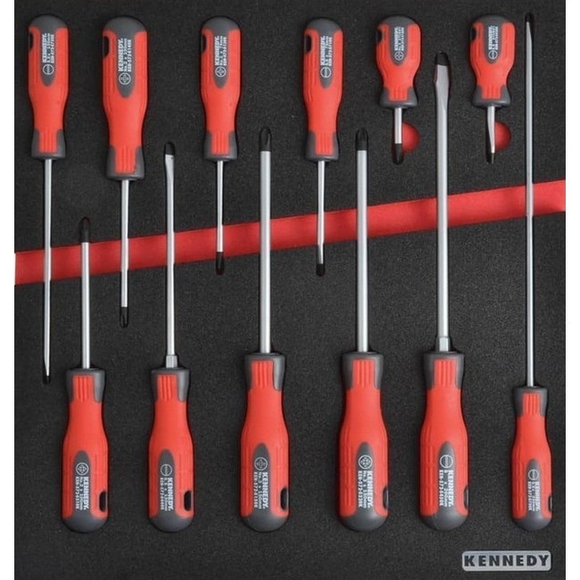 Supplywise 12-piece screwdriver set with foam inlay for tool roller cabinets, similar to the Leroy Merlin 12-piece screwdriver set in black case with red foam inlay.