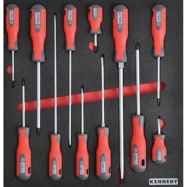 Supplywise 12-piece torque screwdriver set with foam inlay similar to the Game 12-piece screwdriver set in red and black foam inlay for cabinets