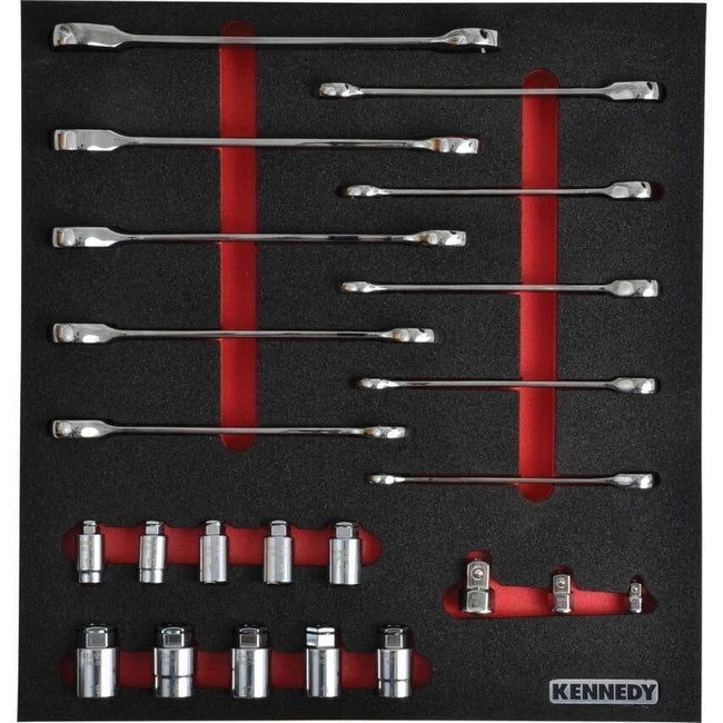 Supplywise 23-piece metric ratchet spanner and socket set with foam inlay similar to the Linvar 23-piece metric ratchet spanner and socket set in foam tray