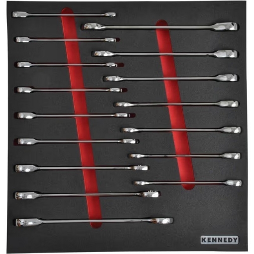 Supplywise 16-piece ratcheting combination spanner set with foam inlay similar to the Game 16-piece ratchet spanner set in black and red foam inlay.