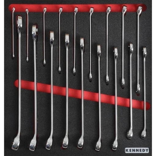 Supplywise 18-piece metric combination spanner set with foam inlay similar to the Chamberlains black and red foam inlay with 18 metric combination spanners 6–24mm