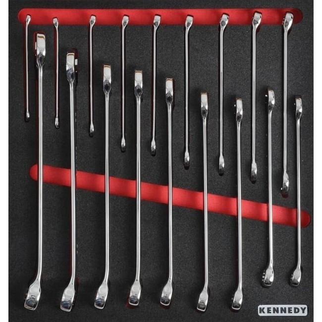 Supplywise 18-piece metric combination spanner set with foam inlay similar to the Chamberlains black and red foam inlay with 18 metric combination spanners 6–24mm