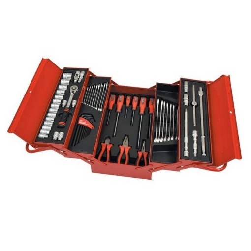 Supplywise 62-piece cantilever toolbox kit for industrial maintenance similar to the Mica red cantilever toolbox open displaying 62 steel tools.