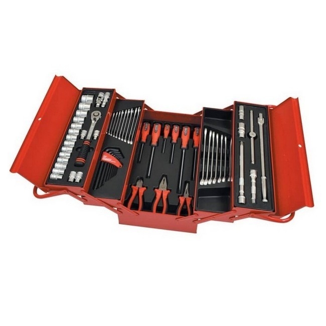 Supplywise 62-piece cantilever toolbox kit for industrial maintenance similar to the Mica red cantilever toolbox open displaying 62 steel tools.