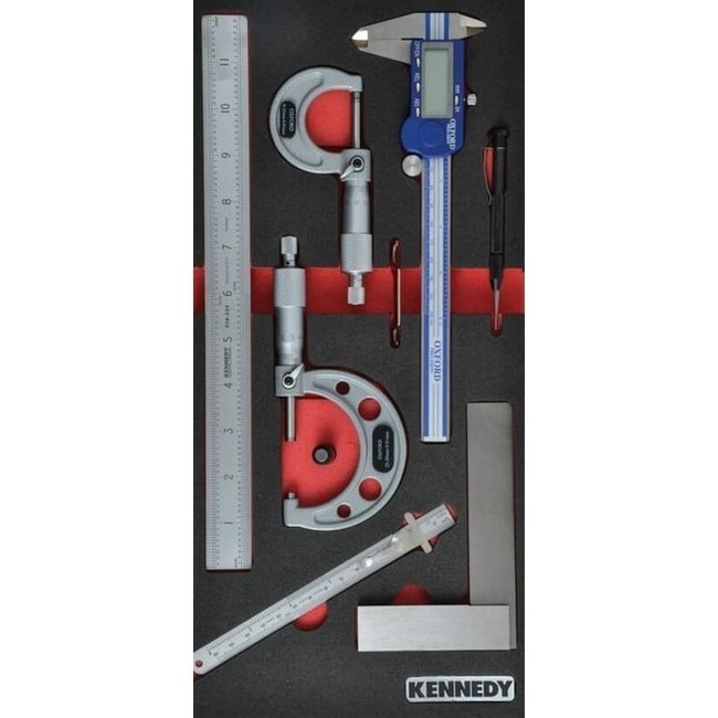 Supplywise 7-piece engineers measuring set with 1/3 foam inlay for tool cabinet similar to the Mica shows 7-piece engineers measuring set in red-and-black foam inlay