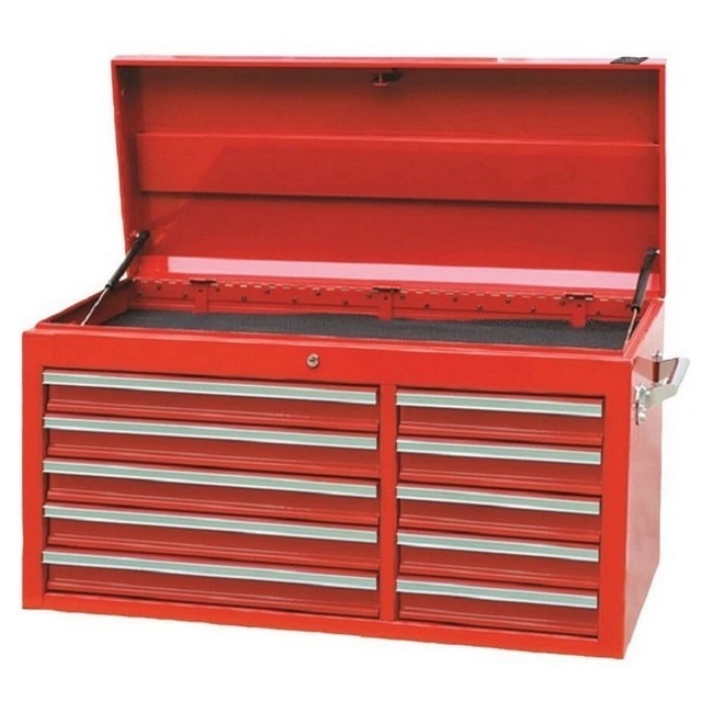 Supplywise extra-wide 10-drawer steel tool chest similar to the Buco red extra-wide 10-drawer steel tool chest with large top compartment.
