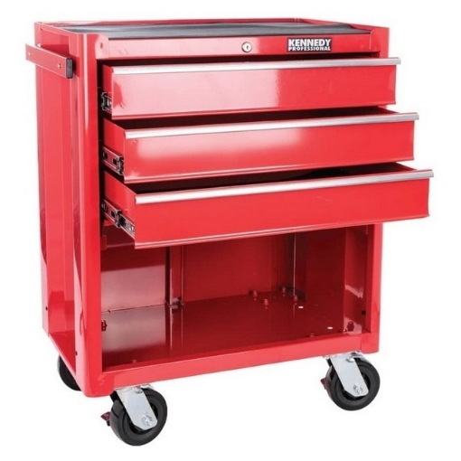 Supplywise lockable heavy-duty 3-drawer steel roller cabinet similar to the Chamberlains red steel 3-drawer lockable roller cabinet on wheels, 75kg capacity