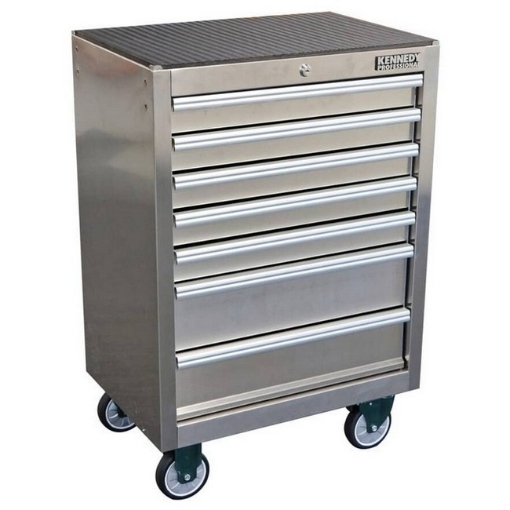 Supplywise stainless steel roller cabinet 7 drawers similar to the Castor And Ladder stainless steel 7-drawer roller tool cabinet with lock and castors.
