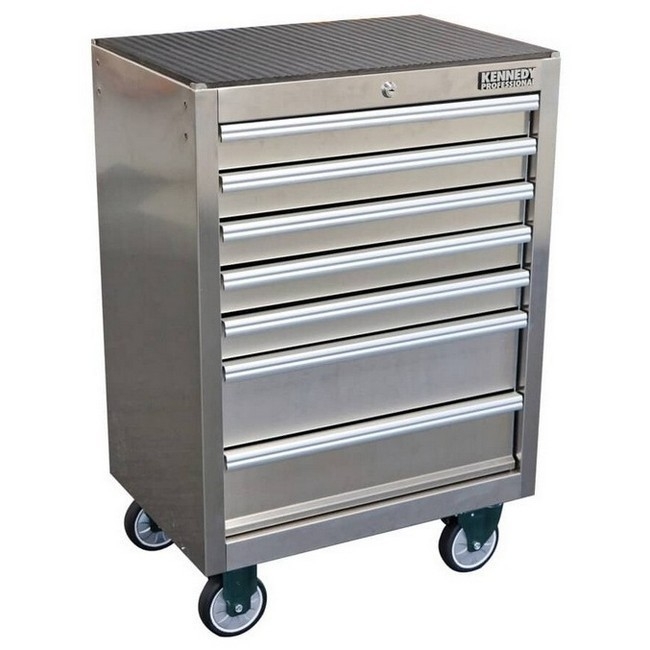 Supplywise stainless steel roller cabinet 7 drawers similar to the Castor And Ladder stainless steel 7-drawer roller tool cabinet with lock and castors.