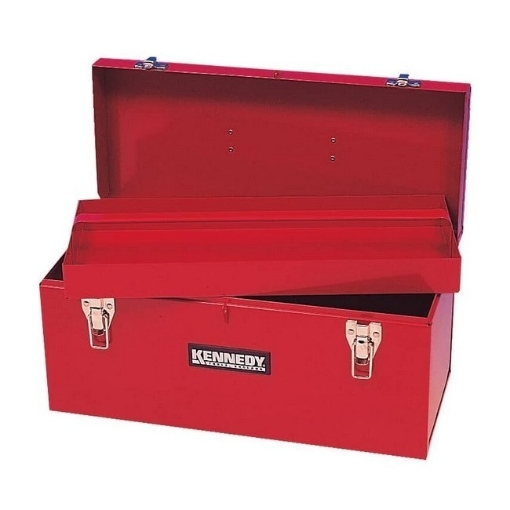 Supplywise heavy-duty steel toolbox with removable tote tray similar to the Trojan Trolley red heavy-duty steel toolbox with removable tote tray and handle.