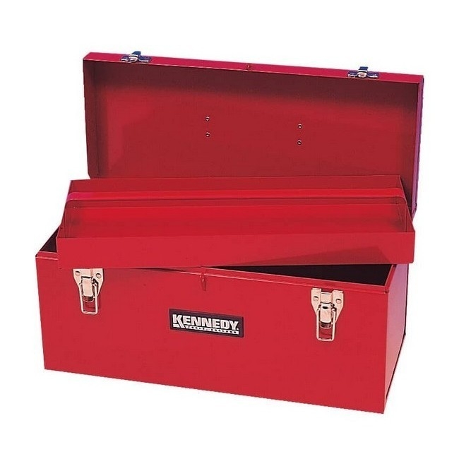 Supplywise heavy-duty steel toolbox with removable tote tray similar to the Trojan Trolley red heavy-duty steel toolbox with removable tote tray and handle.
