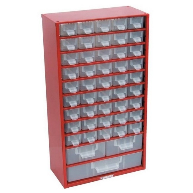Supplywise 48-compartment industrial parts organiser steel cabinet similar to the Trojan Trolley red steel 48-compartment parts organiser with clear drawers, stackable