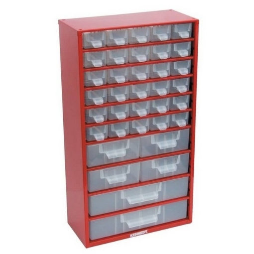 Supplywise 36-compartment parts organiser cabinet similar to the Buco red steel parts organiser with 36 clear drawers