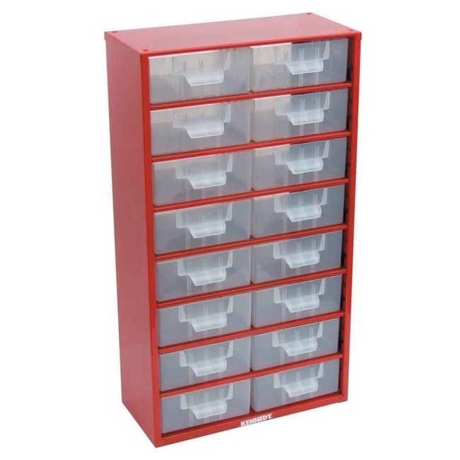 Supplywise small parts storage cabinet with transparent drawers similar to the Adendorff red steel 16-compartment parts organiser with clear drawers