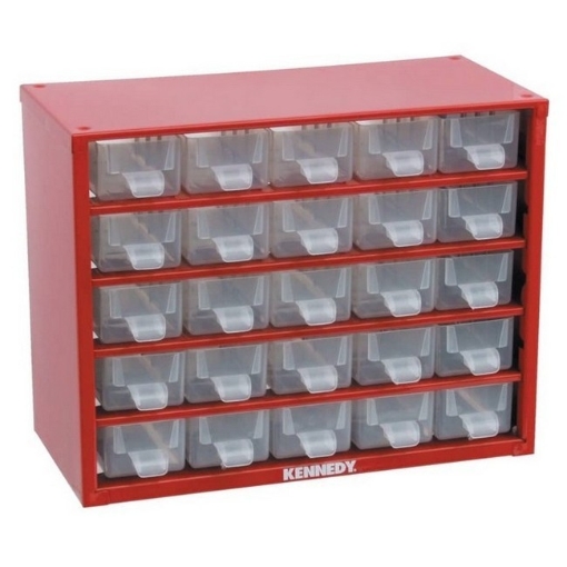 Supplywise steel parts organiser with transparent drawers similar to the Mica red steel organiser with 25 clear polypropylene drawers.