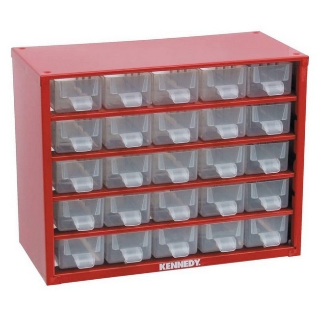 Supplywise steel parts organiser with transparent drawers similar to the Mica red steel organiser with 25 clear polypropylene drawers.