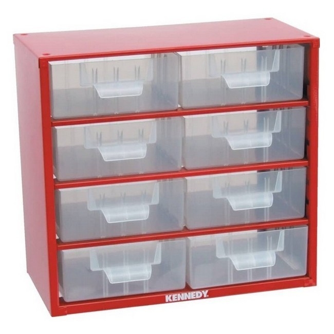 Supplywise small parts storage cabinet with clear drawers similar to the Castor And Ladder red steel parts organiser with eight clear plastic drawers.