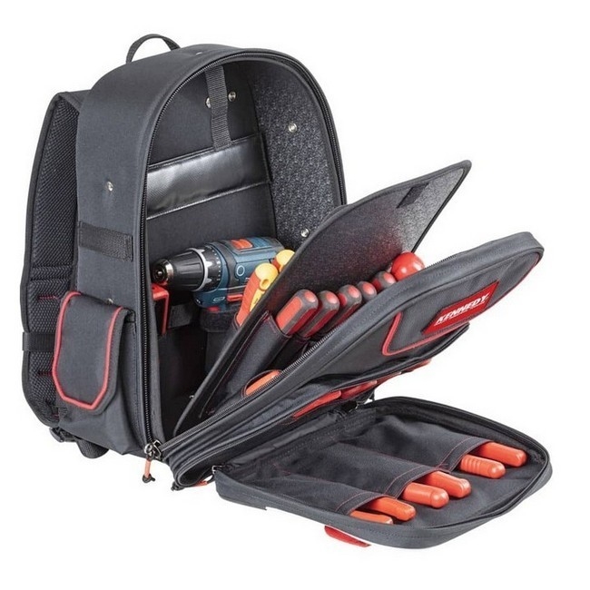 Supplywise padlockable tool backpack with organisers similar to the Castor And Ladder black padded fabric tool backpack with pockets and straps.