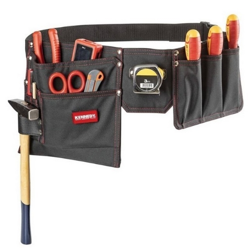Supplywise adjustable waist tool belt with hammer and tape holders similar to the Leroy Merlin adjustable black and red polyester tool belt, 2 pockets, hammer holder